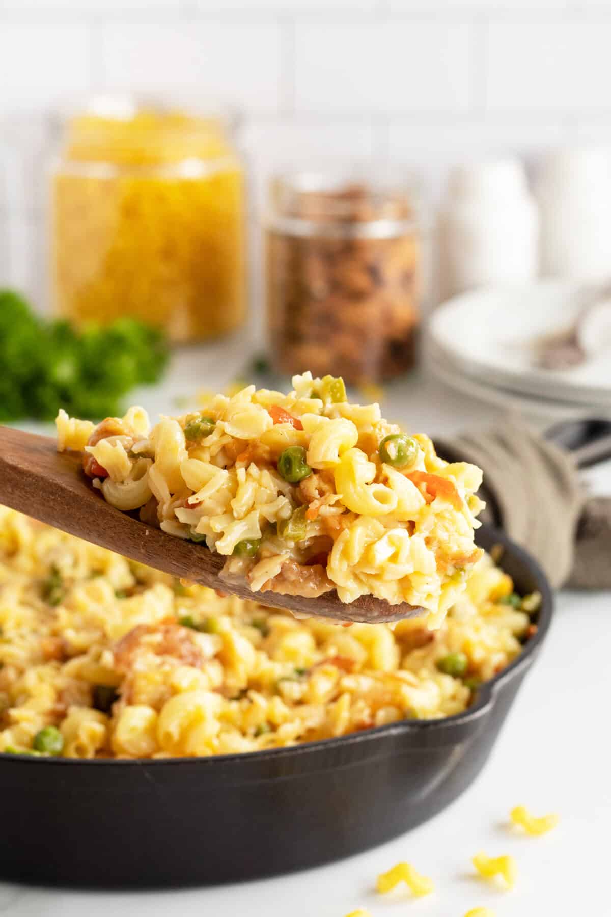 chicken caruso on a wooden spoon