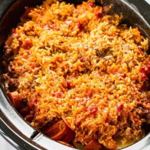 top down view of Shipwreck Casserole in crockpot