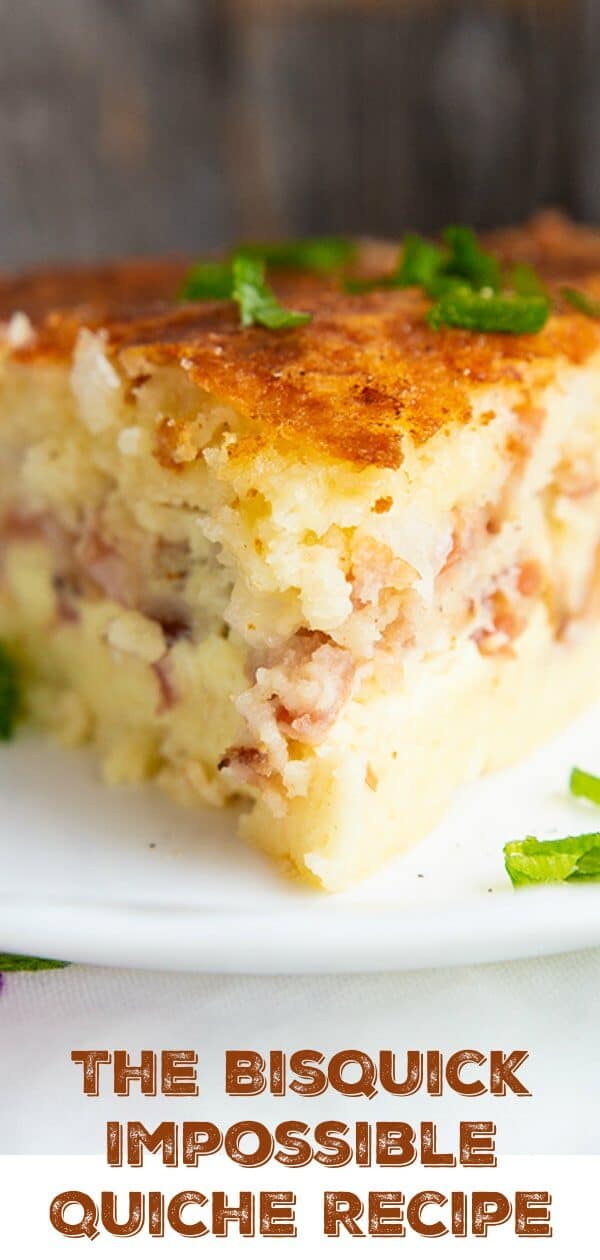 The Bisquick impossible quiche recipe is simply the easiest and best quiche ever! I no longer bother making one with a crust and actually prefer this one. #quiche #bisquick #eggs #breakfast #brunch #ham #bacon #swisscheese #baking #cooking