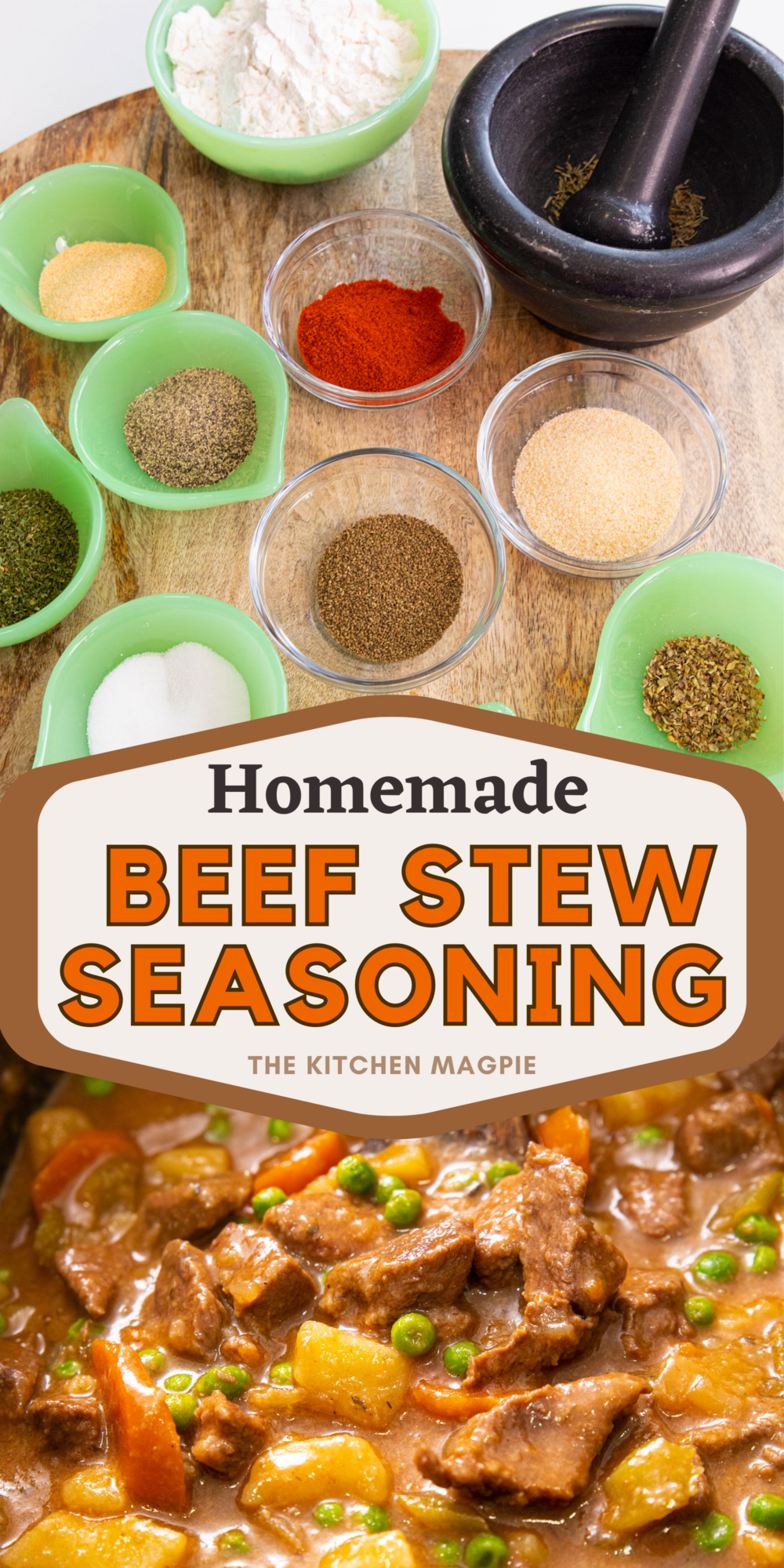 Homemade beef stew seasoning that you can use instead of the store-bought packets! Use two heaping tablespoons of the mix per stew recipe.